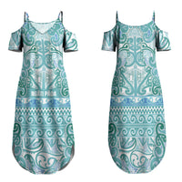 Aotearoa Iwi Ngati Paoa Family Matching Summer Maxi Dress and Hawaiian Shirt Maori Wharenui House Tribal Pattern LT9 Mom's Dress Turquoise - Polynesian Pride