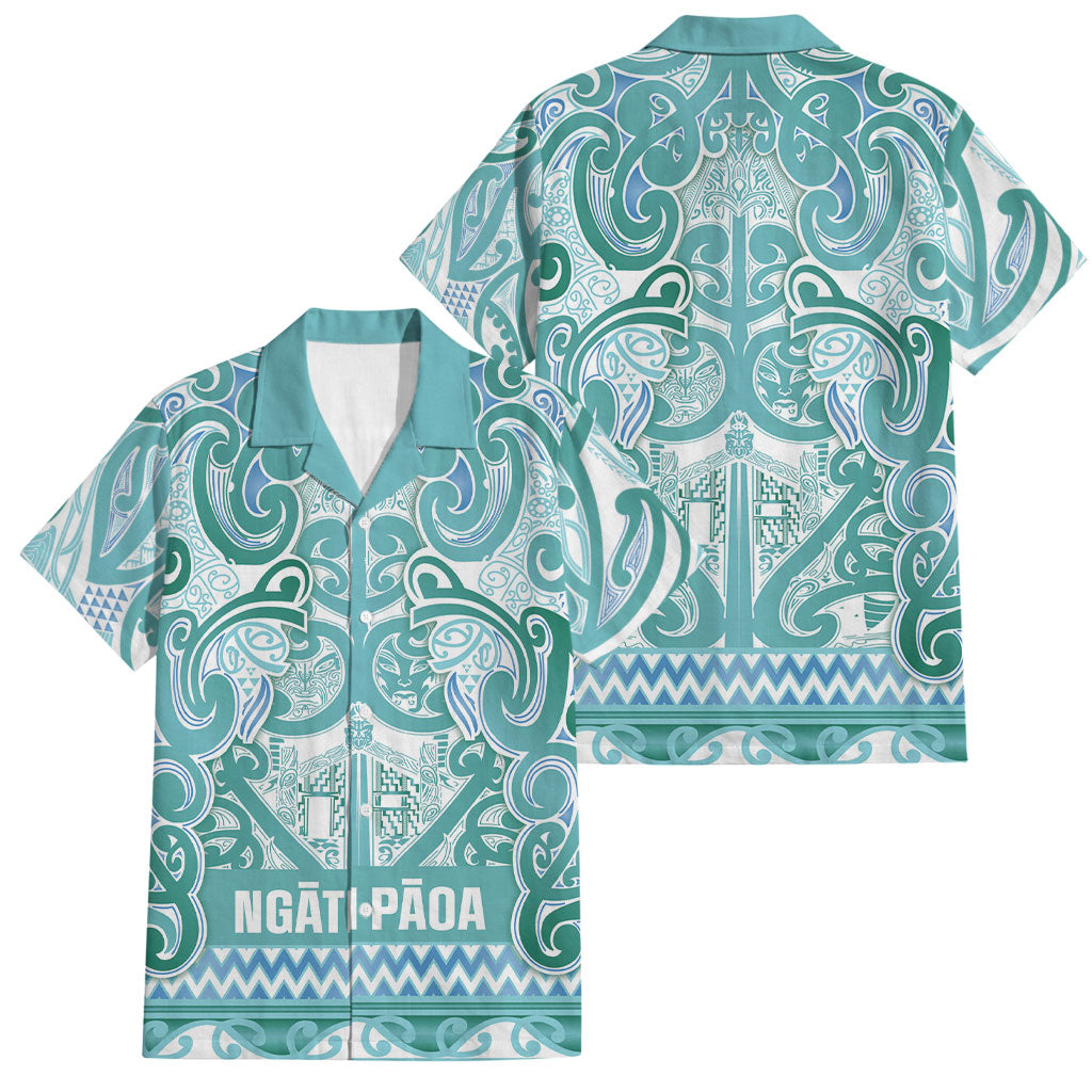 Aotearoa Iwi Ngati Paoa Family Matching Summer Maxi Dress and Hawaiian Shirt Maori Wharenui House Tribal Pattern LT9 Dad's Shirt - Short Sleeve Turquoise - Polynesian Pride