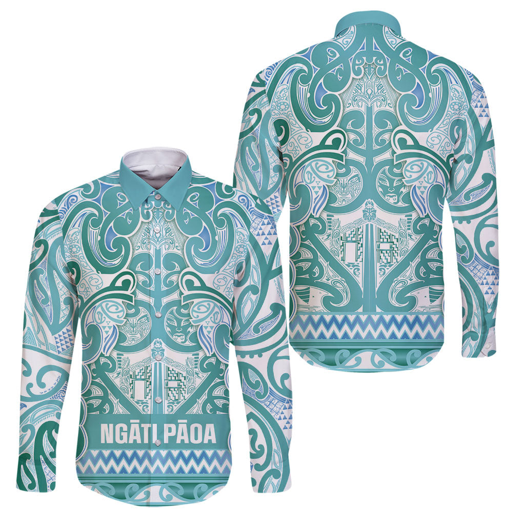 Aotearoa Iwi Ngati Paoa Family Matching Summer Maxi Dress and Hawaiian Shirt Maori Wharenui House Tribal Pattern LT9 Dad's Shirt - Long Sleeve Turquoise - Polynesian Pride