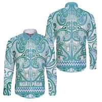 Aotearoa Iwi Ngati Paoa Family Matching Summer Maxi Dress and Hawaiian Shirt Maori Wharenui House Tribal Pattern LT9 Dad's Shirt - Long Sleeve Turquoise - Polynesian Pride