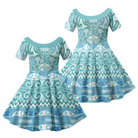 Aotearoa Iwi Ngati Paoa Family Matching Summer Maxi Dress and Hawaiian Shirt Maori Wharenui House Tribal Pattern LT9 Daughter's Dress Turquoise - Polynesian Pride