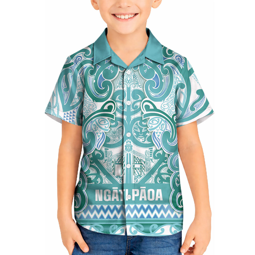 Aotearoa Iwi Ngati Paoa Kid Hawaiian Shirt Maori Wharenui House Tribal Pattern LT9 Kid Turquoise - Polynesian Pride