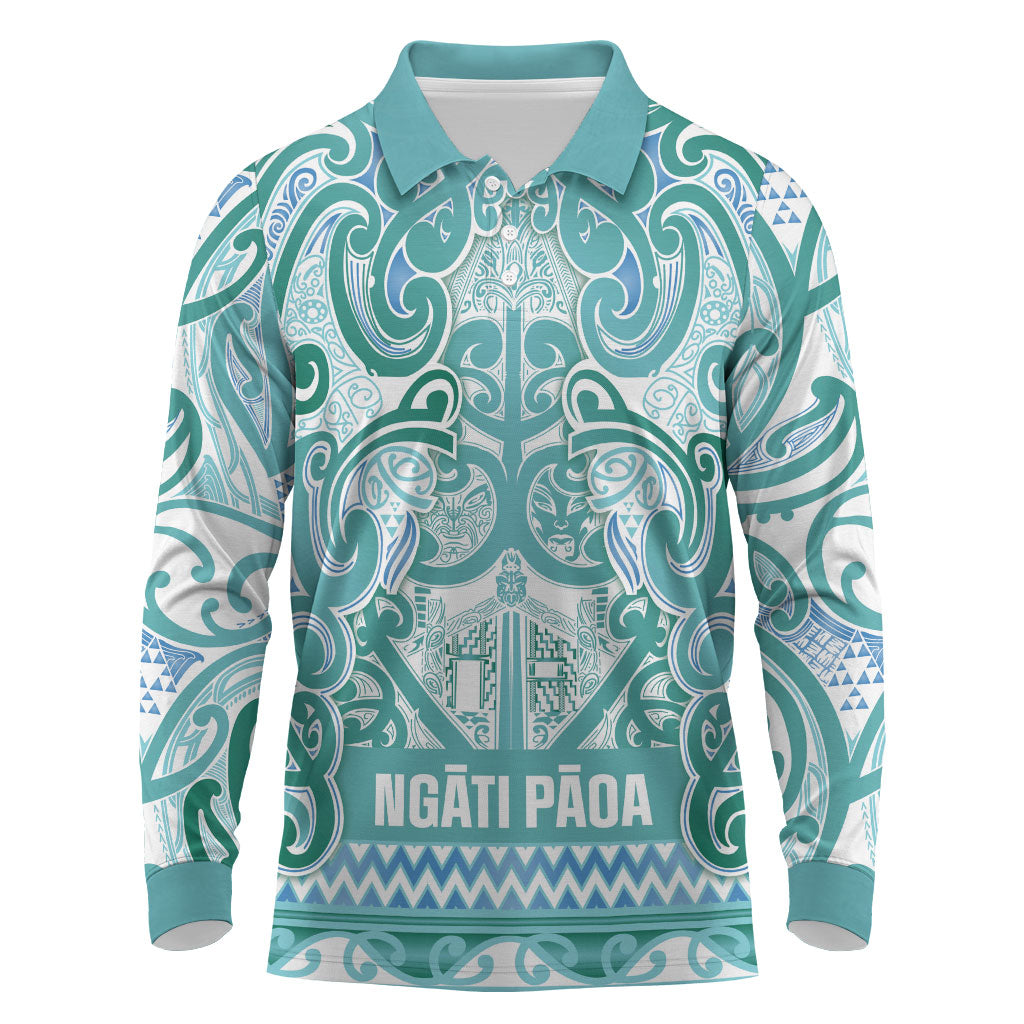 Aotearoa Iwi Ngati Paoa Long Sleeve Polo Shirt Maori Wharenui House Tribal Pattern LT9 Turquoise - Polynesian Pride