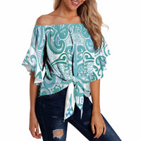 Aotearoa Iwi Ngati Paoa Off Shoulder Wrap Waist Top Maori Wharenui House Tribal Pattern LT9 Turquoise - Polynesian Pride