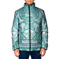 Aotearoa Iwi Ngati Paoa Padded Jacket Maori Wharenui House Tribal Pattern LT9 Men Turquoise - Polynesian Pride