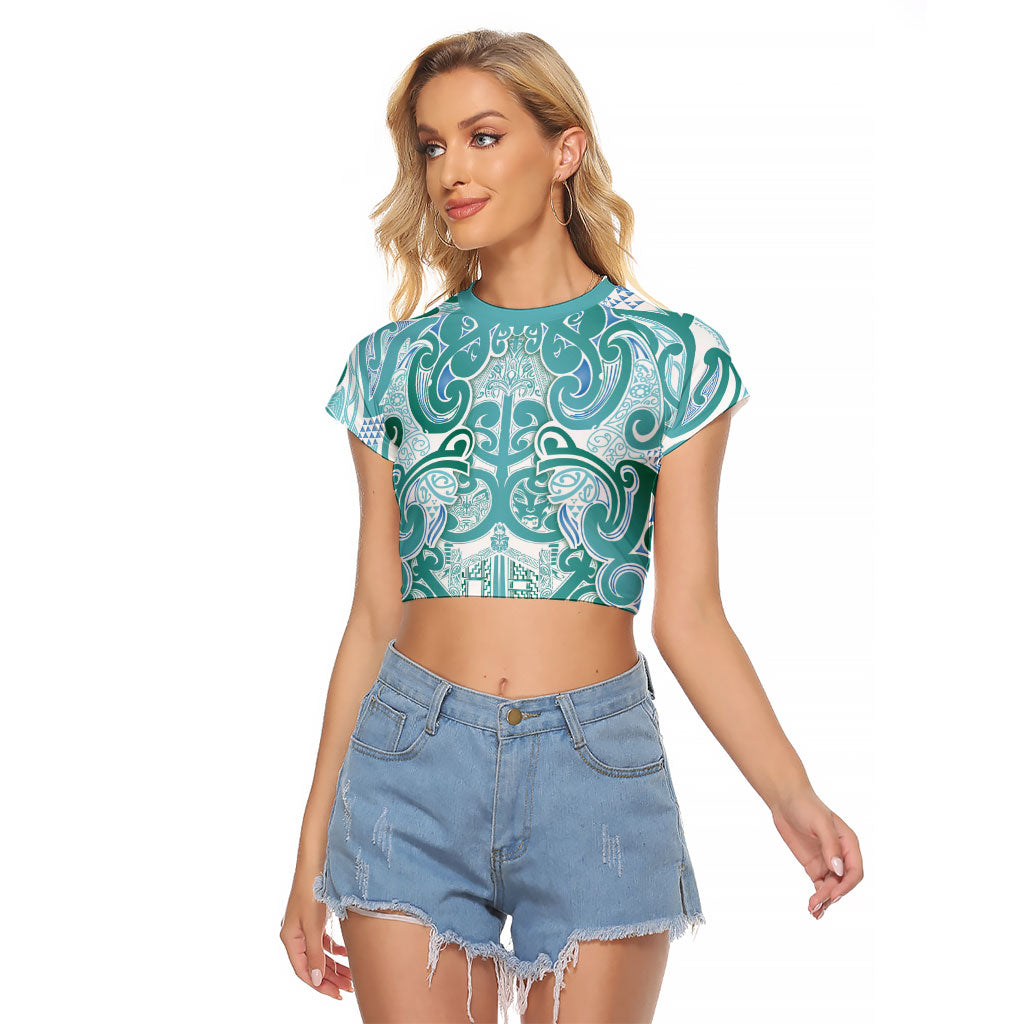 Aotearoa Iwi Ngati Paoa Raglan Cropped T Shirt Maori Wharenui House Tribal Pattern LT9 Female Turquoise - Polynesian Pride