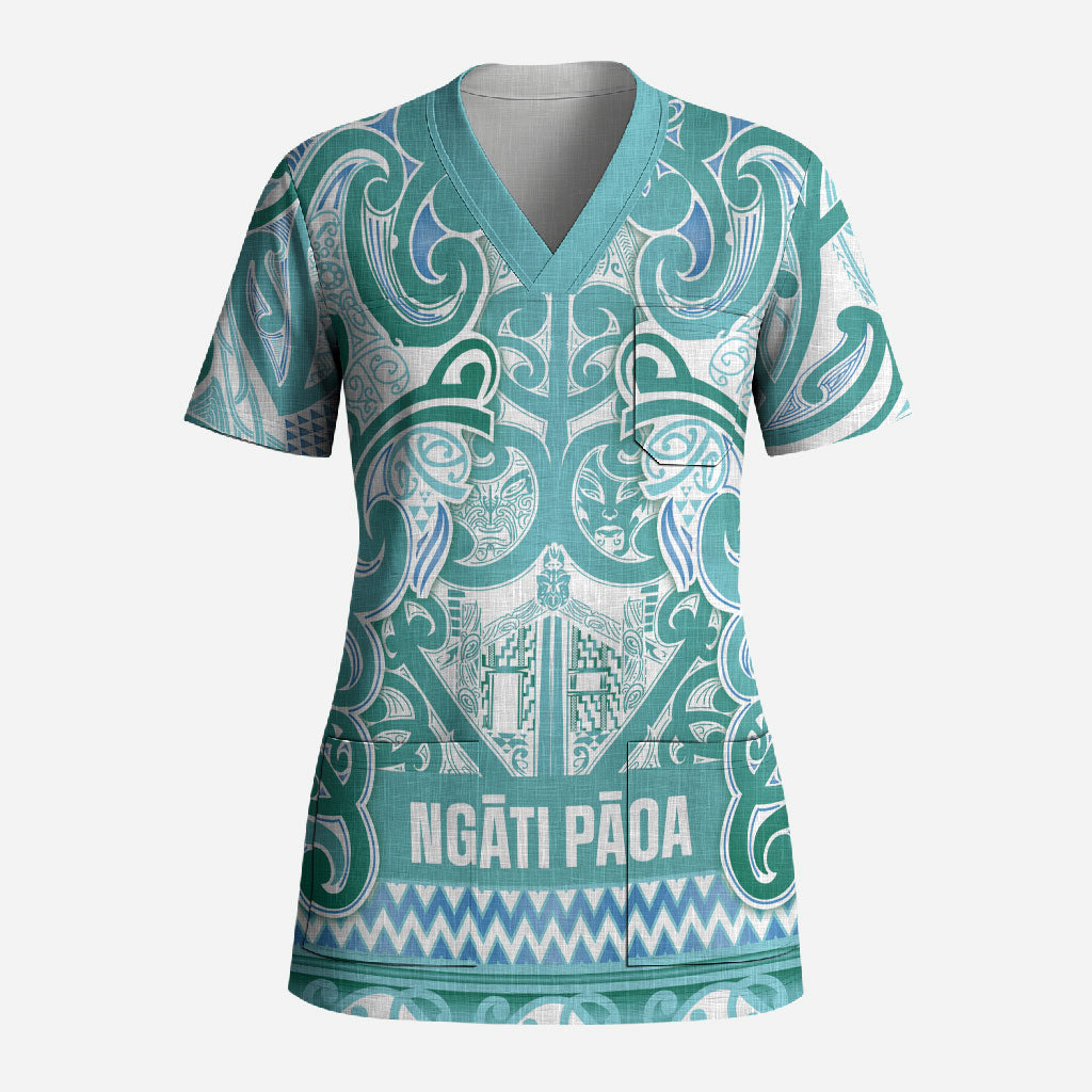 Aotearoa Iwi Ngati Paoa Scrub Top Maori Wharenui House Tribal Pattern LT9 Adult Turquoise - Polynesian Pride