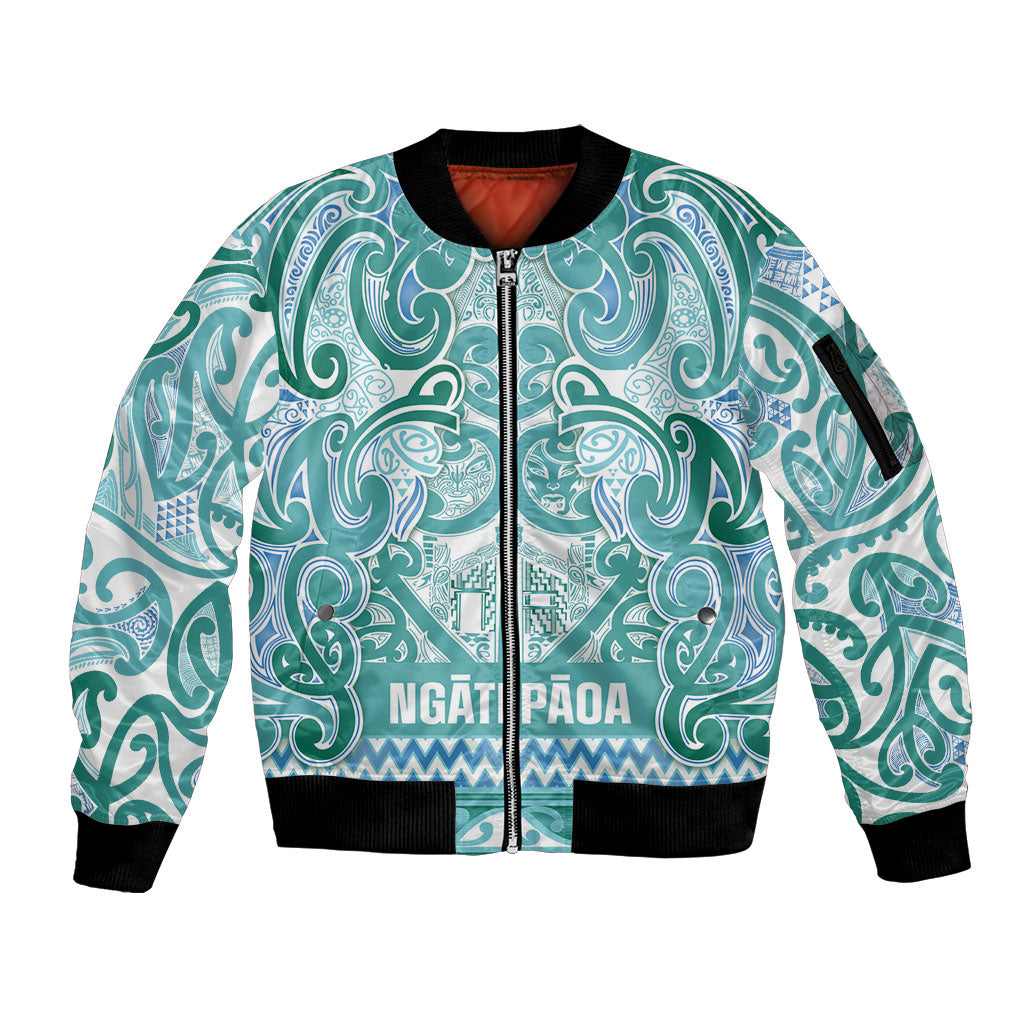Aotearoa Iwi Ngati Paoa Sleeve Zip Bomber Jacket Maori Wharenui House Tribal Pattern LT9 Unisex Turquoise - Polynesian Pride
