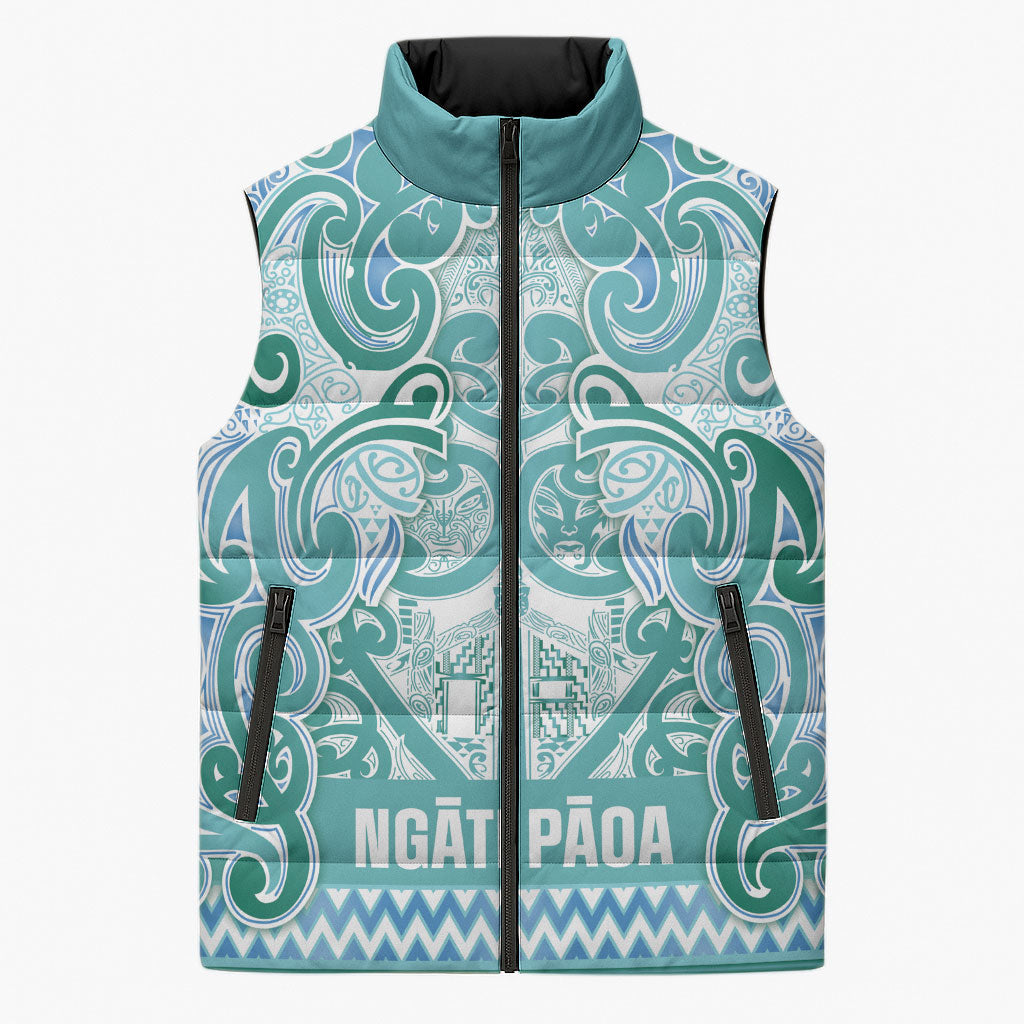 Aotearoa Iwi Ngati Paoa Sleeveless Puffer Jacket Maori Wharenui House Tribal Pattern LT9 Unisex Turquoise - Polynesian Pride