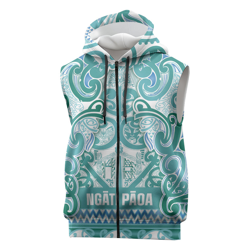 Aotearoa Iwi Ngati Paoa Sleeveless Zip Hoodie Maori Wharenui House Tribal Pattern LT9 Turquoise - Polynesian Pride