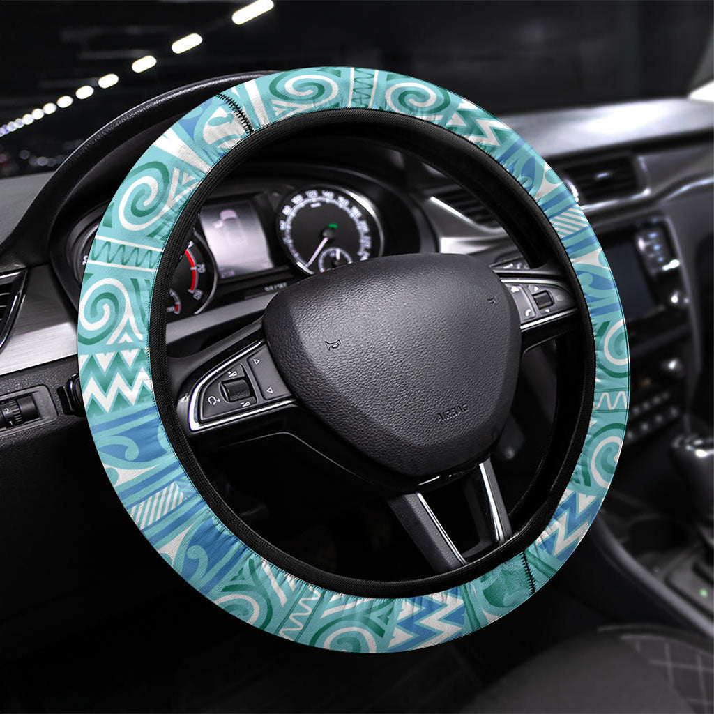 Aotearoa Iwi Ngati Paoa Steering Wheel Cover Maori Wharenui House Tribal Pattern LT9 Universal Fit Turquoise - Polynesian Pride