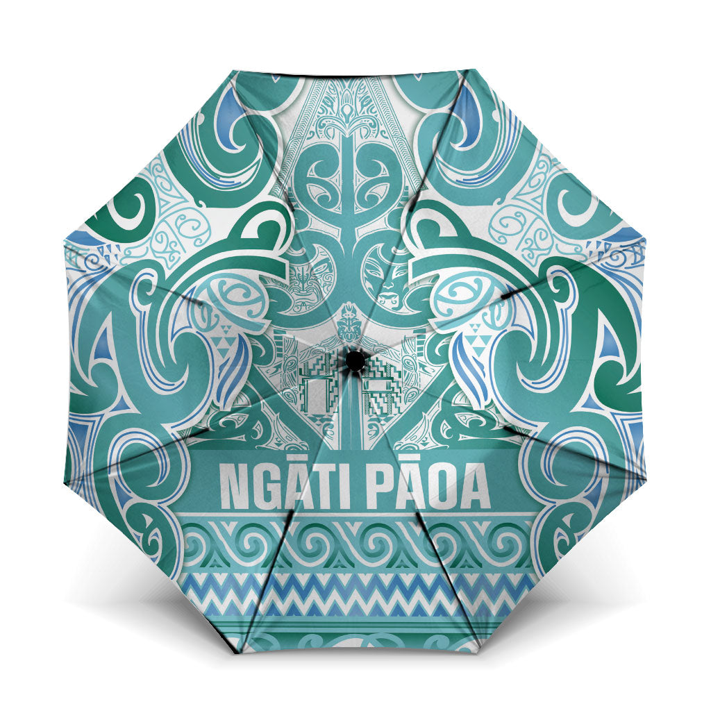 Aotearoa Iwi Ngati Paoa Umbrella Maori Wharenui House Tribal Pattern LT9 One Size Folded 11.42 inch Opened Diameter 37.4 inch Turquoise - Polynesian Pride
