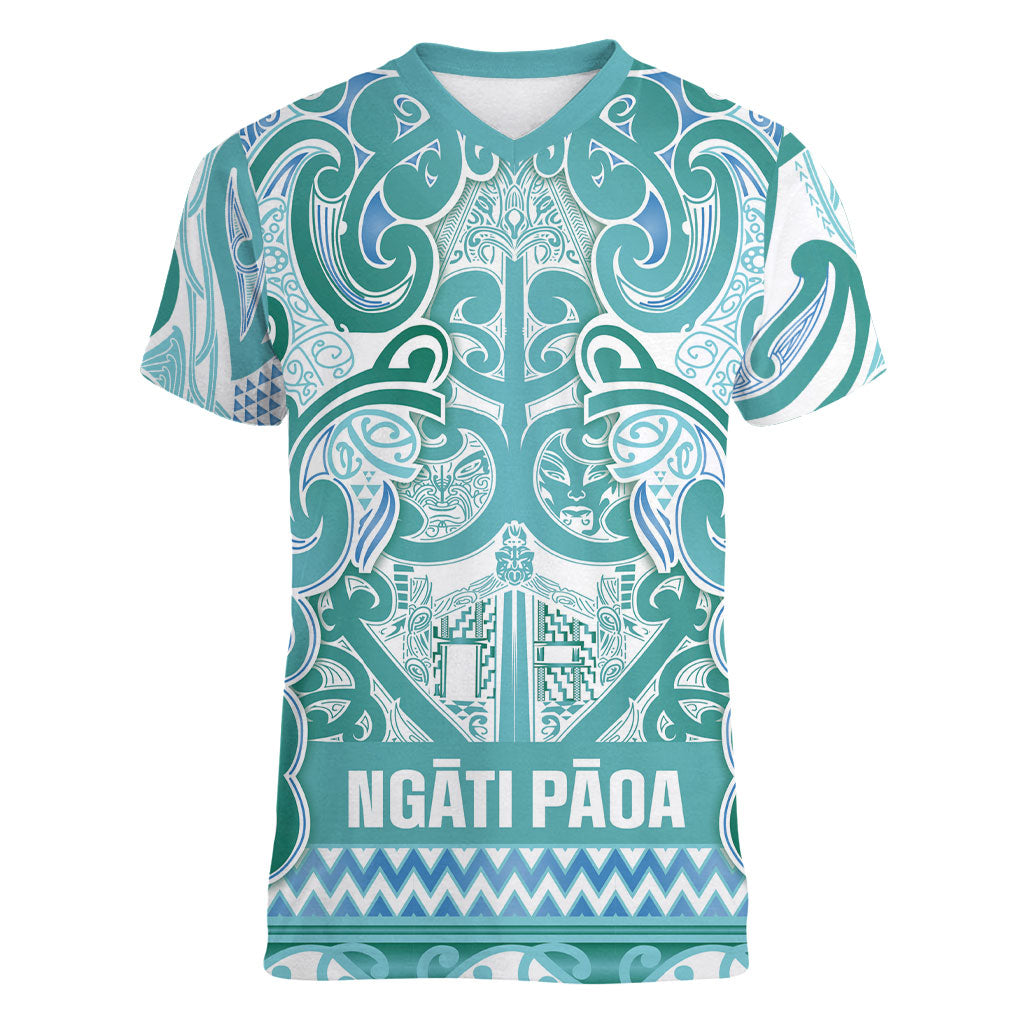 Aotearoa Iwi Ngati Paoa Women V-Neck T-Shirt Maori Wharenui House Tribal Pattern LT9 Female Turquoise - Polynesian Pride