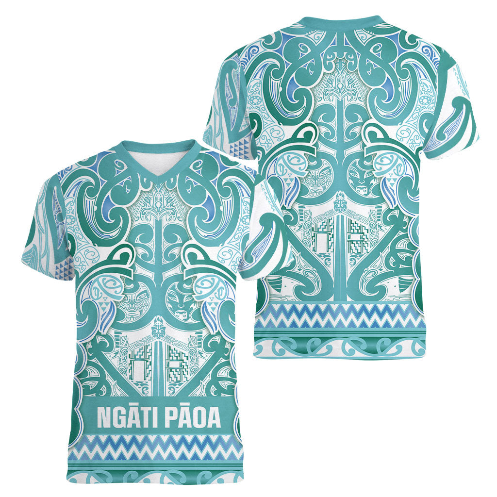 Aotearoa Iwi Ngati Paoa Women V-Neck T-Shirt Maori Wharenui House Tribal Pattern LT9 - Polynesian Pride