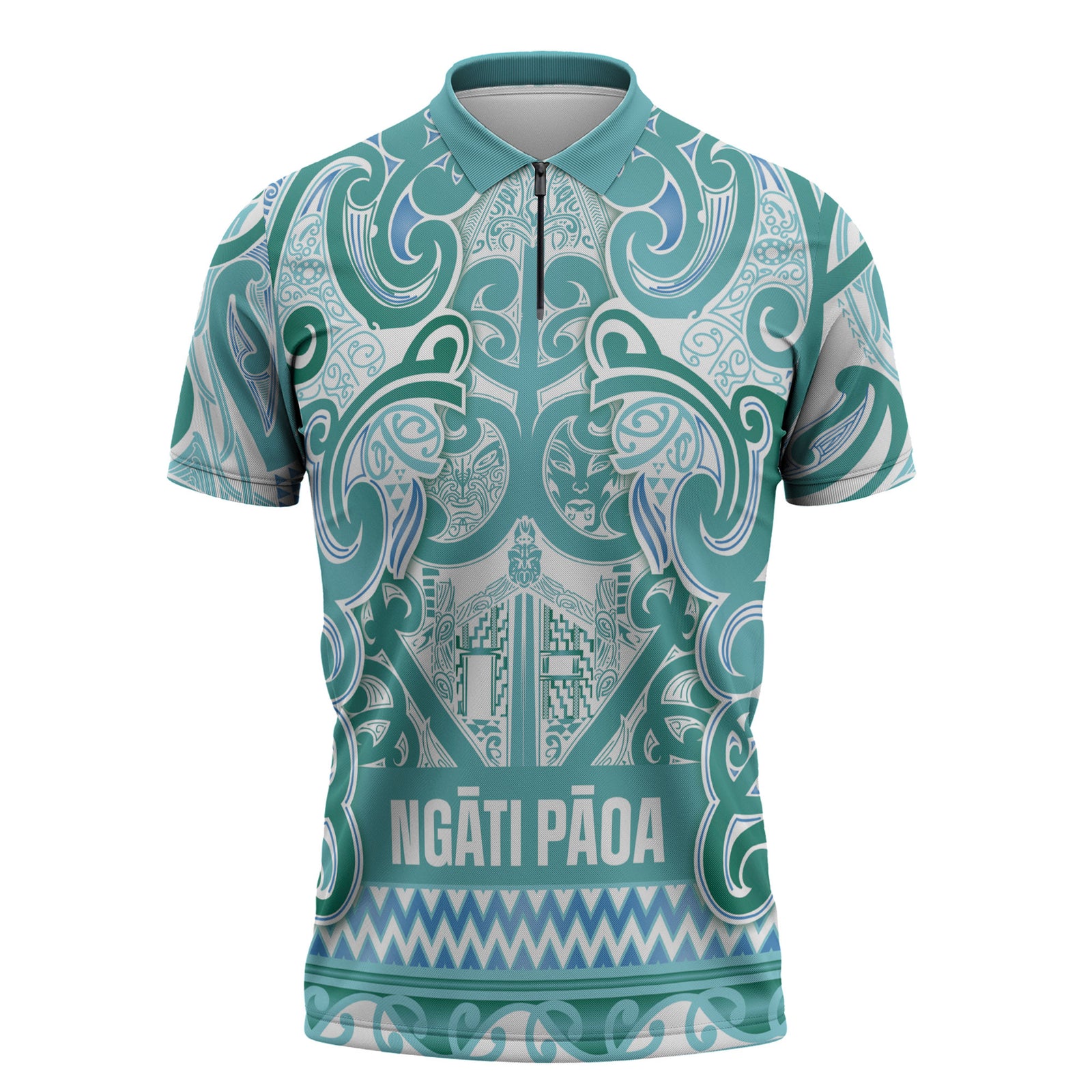 Aotearoa Iwi Ngati Paoa Zipper Polo Shirt Maori Wharenui House Tribal Pattern LT9 Turquoise - Polynesian Pride