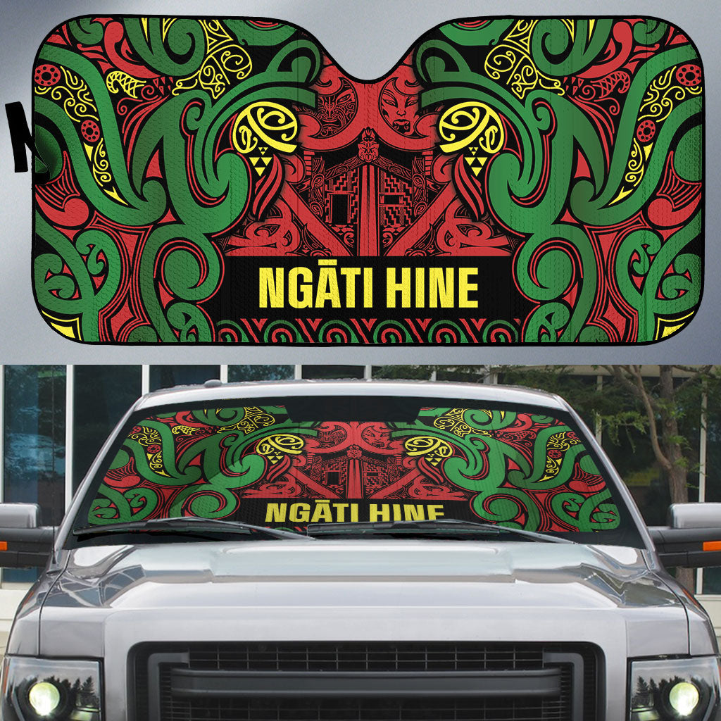 Aotearoa Iwi Ngati Hine Auto Sun Shade Maori Wharenui House Tribal Pattern LT9 Deep Green - Polynesian Pride