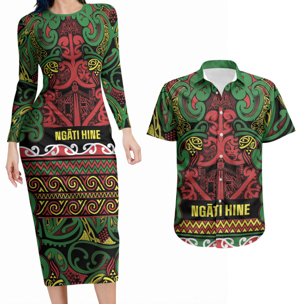 Aotearoa Iwi Ngati Hine Couples Matching Long Sleeve Bodycon Dress and Hawaiian Shirt Maori Wharenui House Tribal Pattern LT9 Deep Green - Polynesian Pride