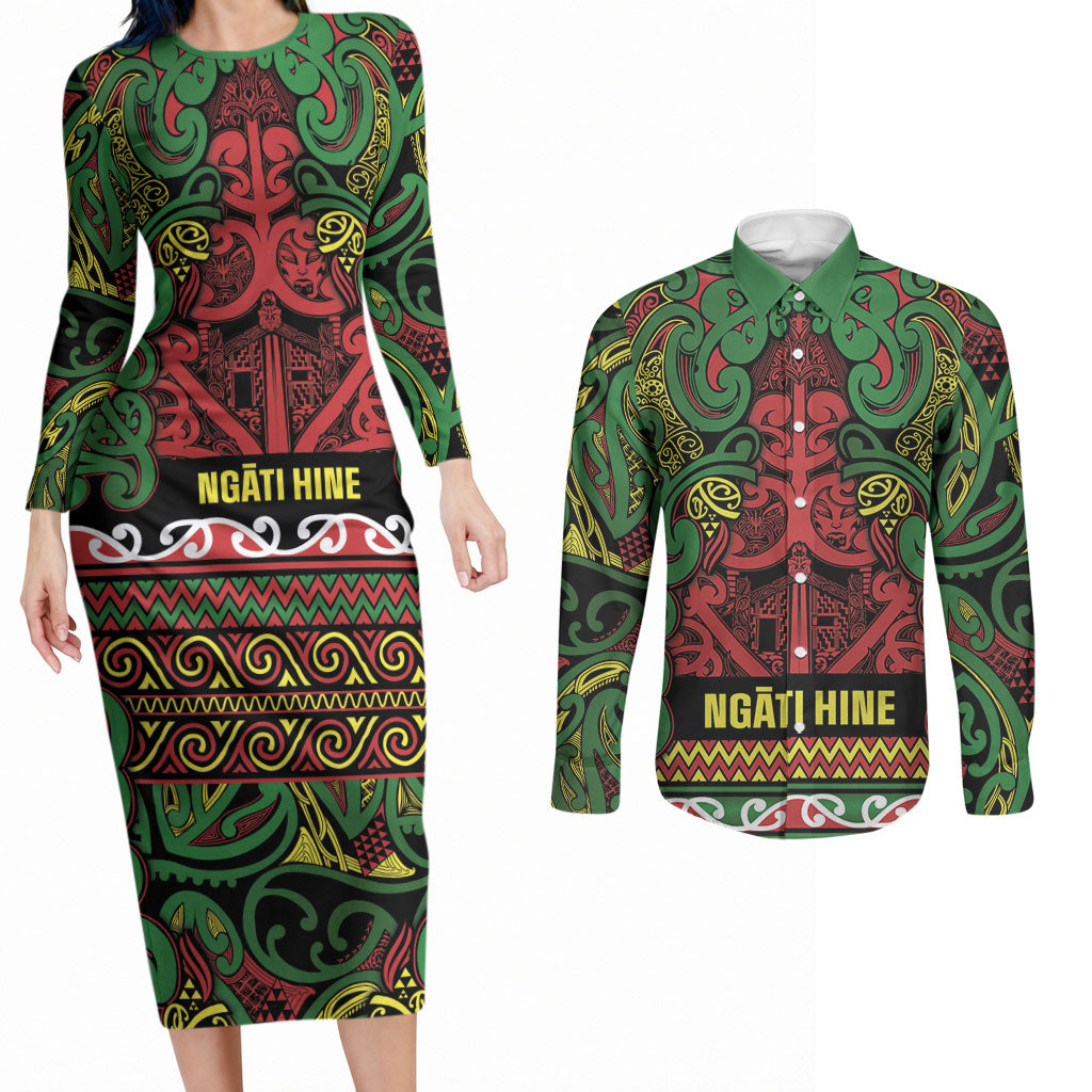 Aotearoa Iwi Ngati Hine Couples Matching Long Sleeve Bodycon Dress and Long Sleeve Button Shirt Maori Wharenui House Tribal Pattern LT9 Deep Green - Polynesian Pride