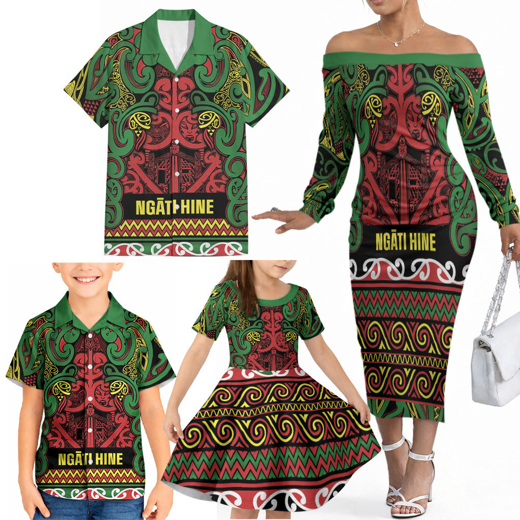 Aotearoa Iwi Ngati Hine Family Matching Off The Shoulder Long Sleeve Dress and Hawaiian Shirt Maori Wharenui House Tribal Pattern LT9 - Polynesian Pride