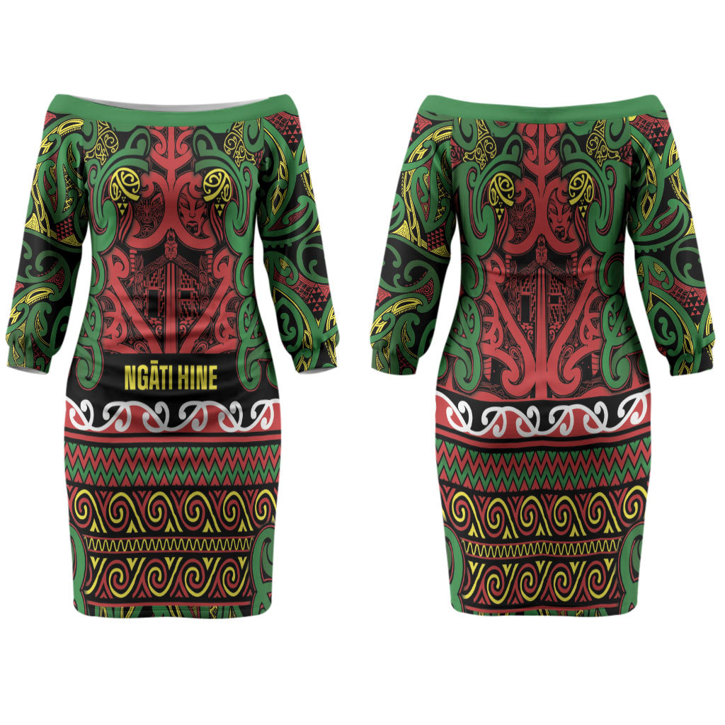 Aotearoa Iwi Ngati Hine Family Matching Off The Shoulder Long Sleeve Dress and Hawaiian Shirt Maori Wharenui House Tribal Pattern LT9 Mom's Dress Deep Green - Polynesian Pride