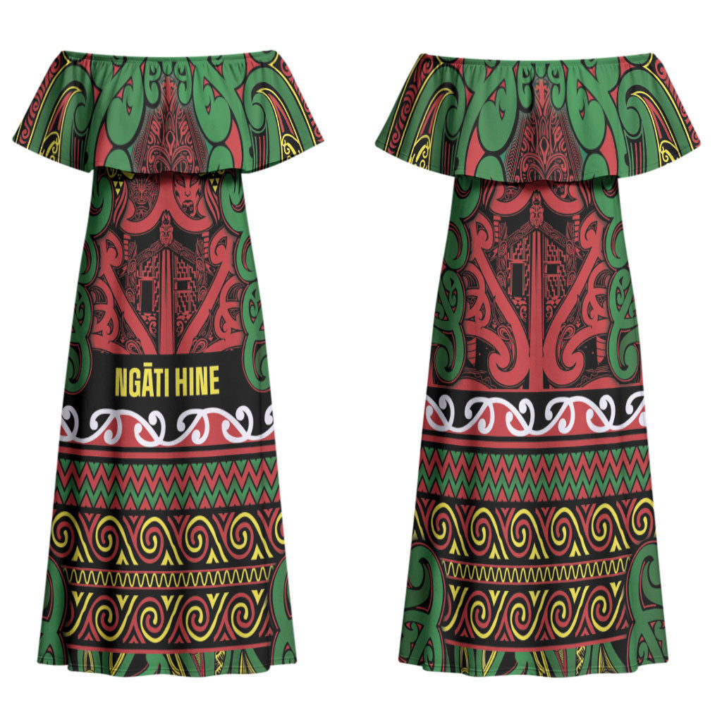 Aotearoa Iwi Ngati Hine Family Matching Off Shoulder Maxi Dress and Hawaiian Shirt Maori Wharenui House Tribal Pattern LT9 Mom's Dress Deep Green - Polynesian Pride