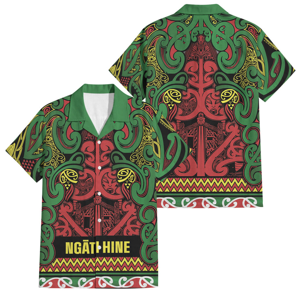 Aotearoa Iwi Ngati Hine Family Matching Off Shoulder Maxi Dress and Hawaiian Shirt Maori Wharenui House Tribal Pattern LT9 Dad's Shirt - Short Sleeve Deep Green - Polynesian Pride