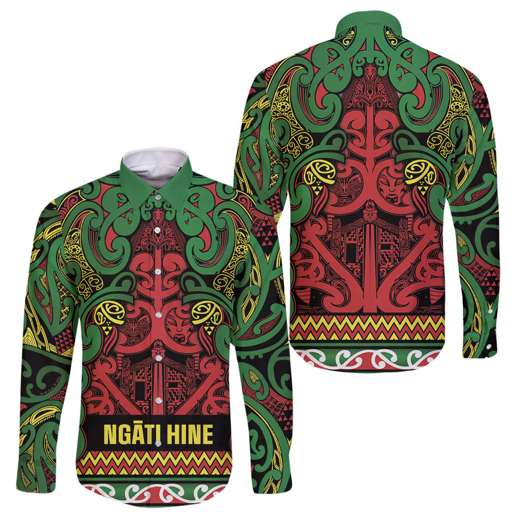 Aotearoa Iwi Ngati Hine Family Matching Off Shoulder Maxi Dress and Hawaiian Shirt Maori Wharenui House Tribal Pattern LT9 Dad's Shirt - Long Sleeve Deep Green - Polynesian Pride