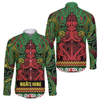 Aotearoa Iwi Ngati Hine Family Matching Off Shoulder Maxi Dress and Hawaiian Shirt Maori Wharenui House Tribal Pattern LT9 Dad's Shirt - Long Sleeve Deep Green - Polynesian Pride