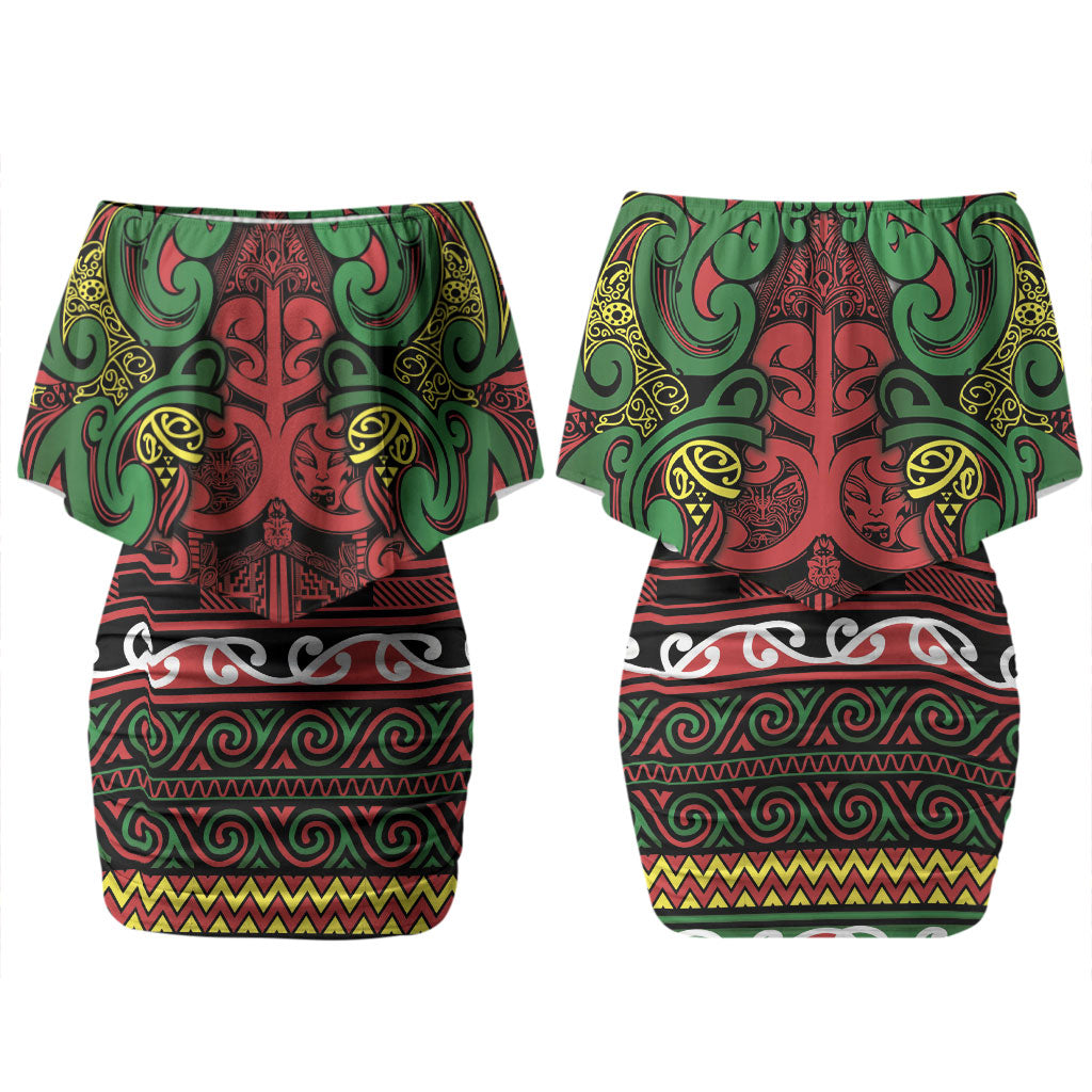 Aotearoa Iwi Ngati Hine Family Matching Off Shoulder Short Dress and Hawaiian Shirt Maori Wharenui House Tribal Pattern LT9 Mom's Dress Deep Green - Polynesian Pride