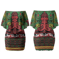 Aotearoa Iwi Ngati Hine Family Matching Off Shoulder Short Dress and Hawaiian Shirt Maori Wharenui House Tribal Pattern LT9 Mom's Dress Deep Green - Polynesian Pride