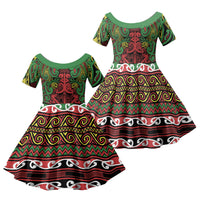 Aotearoa Iwi Ngati Hine Family Matching Off Shoulder Short Dress and Hawaiian Shirt Maori Wharenui House Tribal Pattern LT9 Daughter's Dress Deep Green - Polynesian Pride