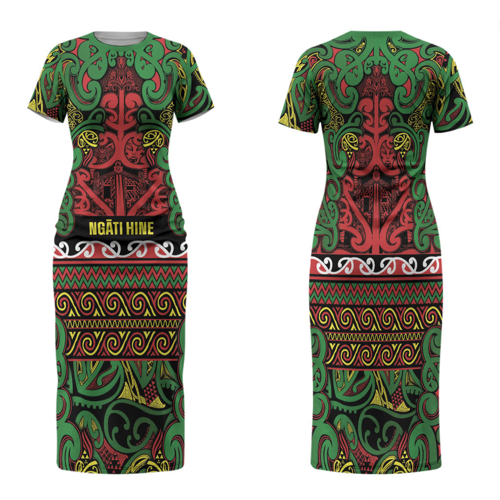 Aotearoa Iwi Ngati Hine Family Matching Short Sleeve Bodycon Dress and Hawaiian Shirt Maori Wharenui House Tribal Pattern LT9 Mom's Dress Deep Green - Polynesian Pride