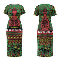 Aotearoa Iwi Ngati Hine Family Matching Short Sleeve Bodycon Dress and Hawaiian Shirt Maori Wharenui House Tribal Pattern LT9 Mom's Dress Deep Green - Polynesian Pride