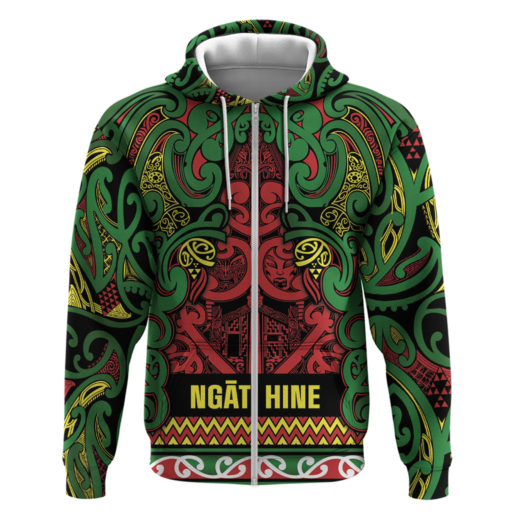 Aotearoa Iwi Ngati Hine Hoodie Maori Wharenui House Tribal Pattern LT9 Zip Hoodie Deep Green - Polynesian Pride