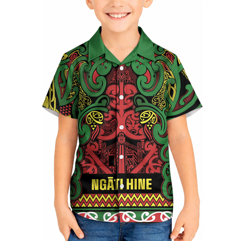 Aotearoa Iwi Ngati Hine Kid Hawaiian Shirt Maori Wharenui House Tribal Pattern LT9 Kid Deep Green - Polynesian Pride