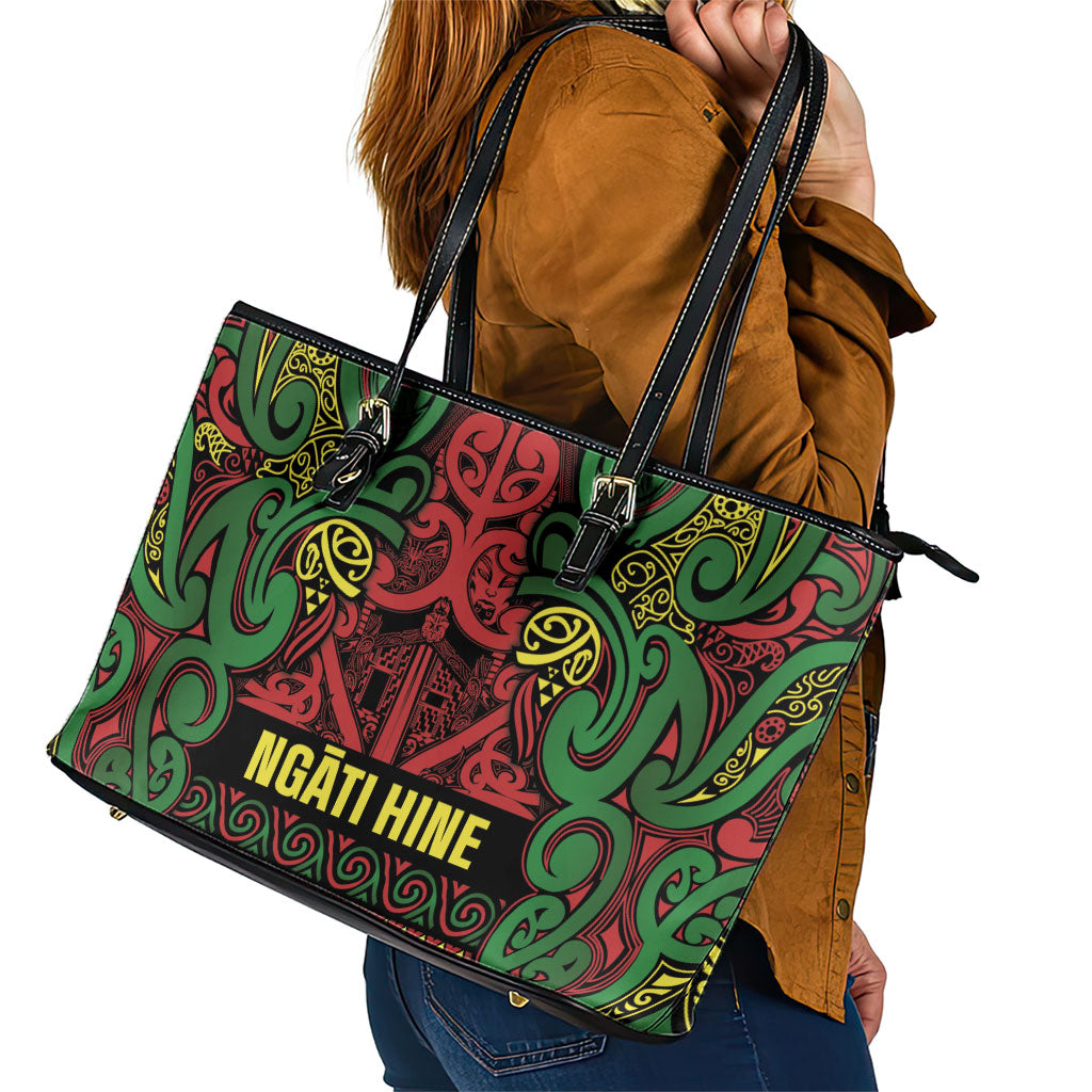 Aotearoa Iwi Ngati Hine Leather Tote Bag Maori Wharenui House Tribal Pattern LT9 - Polynesian Pride