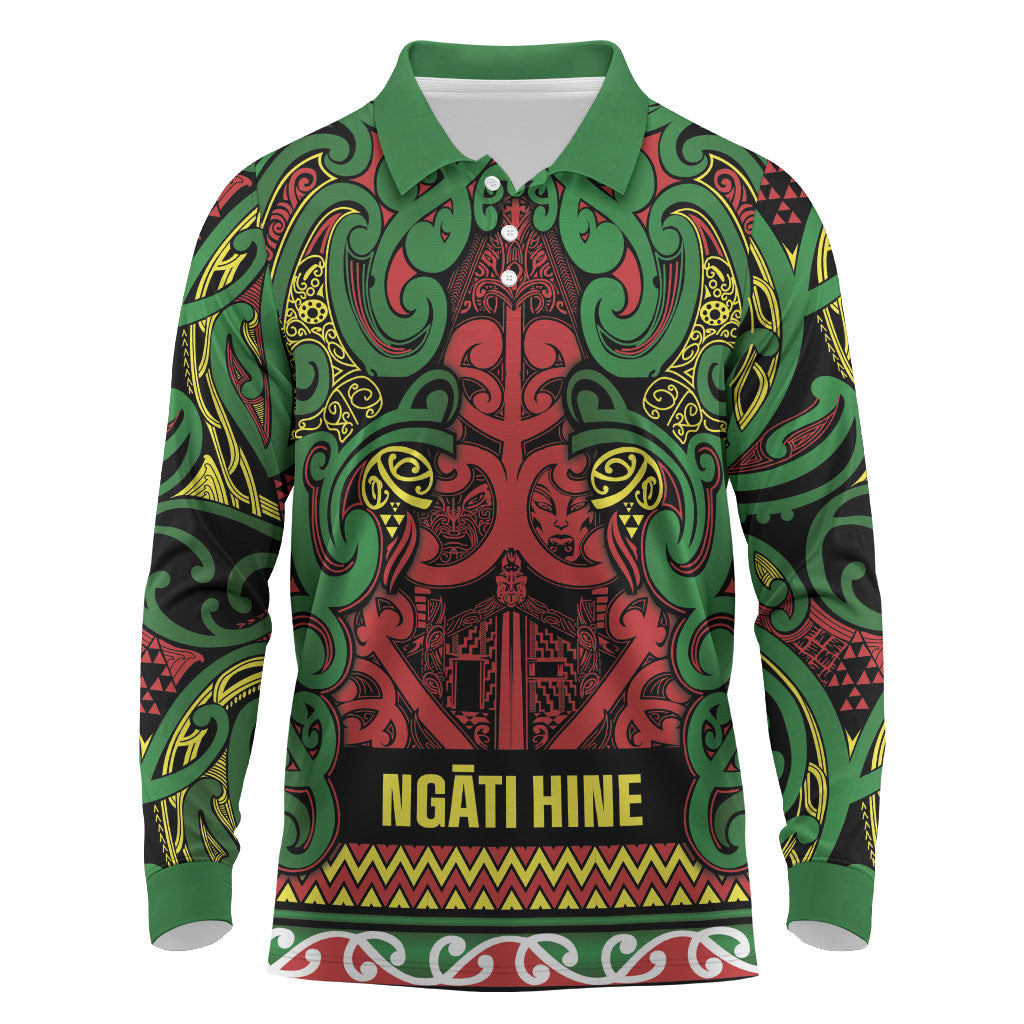 Aotearoa Iwi Ngati Hine Long Sleeve Polo Shirt Maori Wharenui House Tribal Pattern LT9 Deep Green - Polynesian Pride