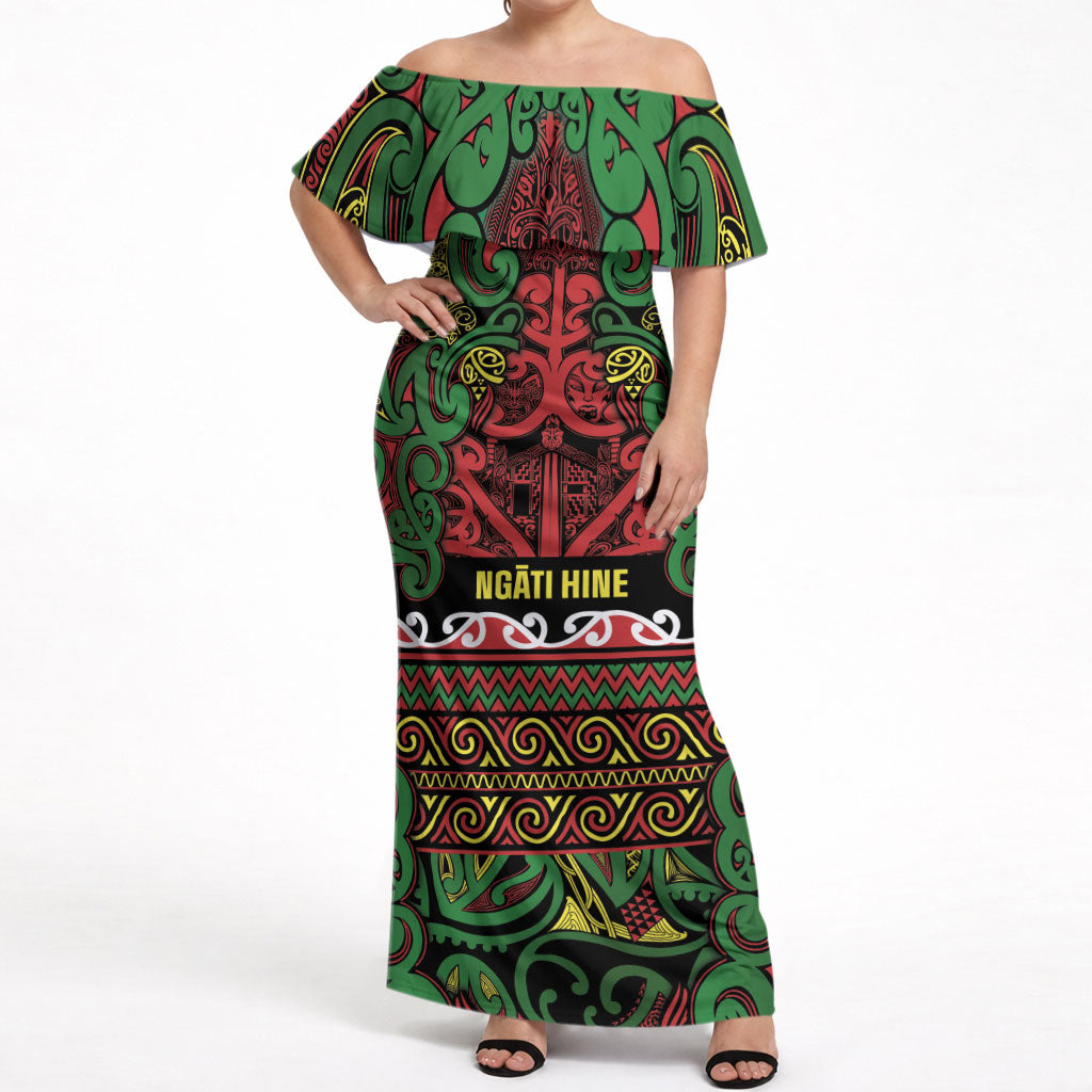 Aotearoa Iwi Ngati Hine Off Shoulder Maxi Dress Maori Wharenui House Tribal Pattern LT9 Women Deep Green - Polynesian Pride