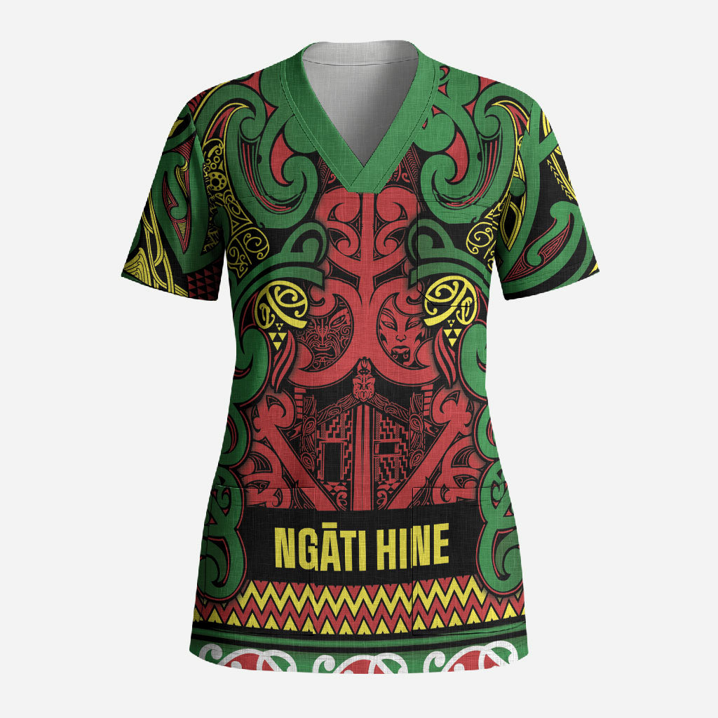Aotearoa Iwi Ngati Hine Scrub Top Maori Wharenui House Tribal Pattern LT9 Adult Deep Green - Polynesian Pride
