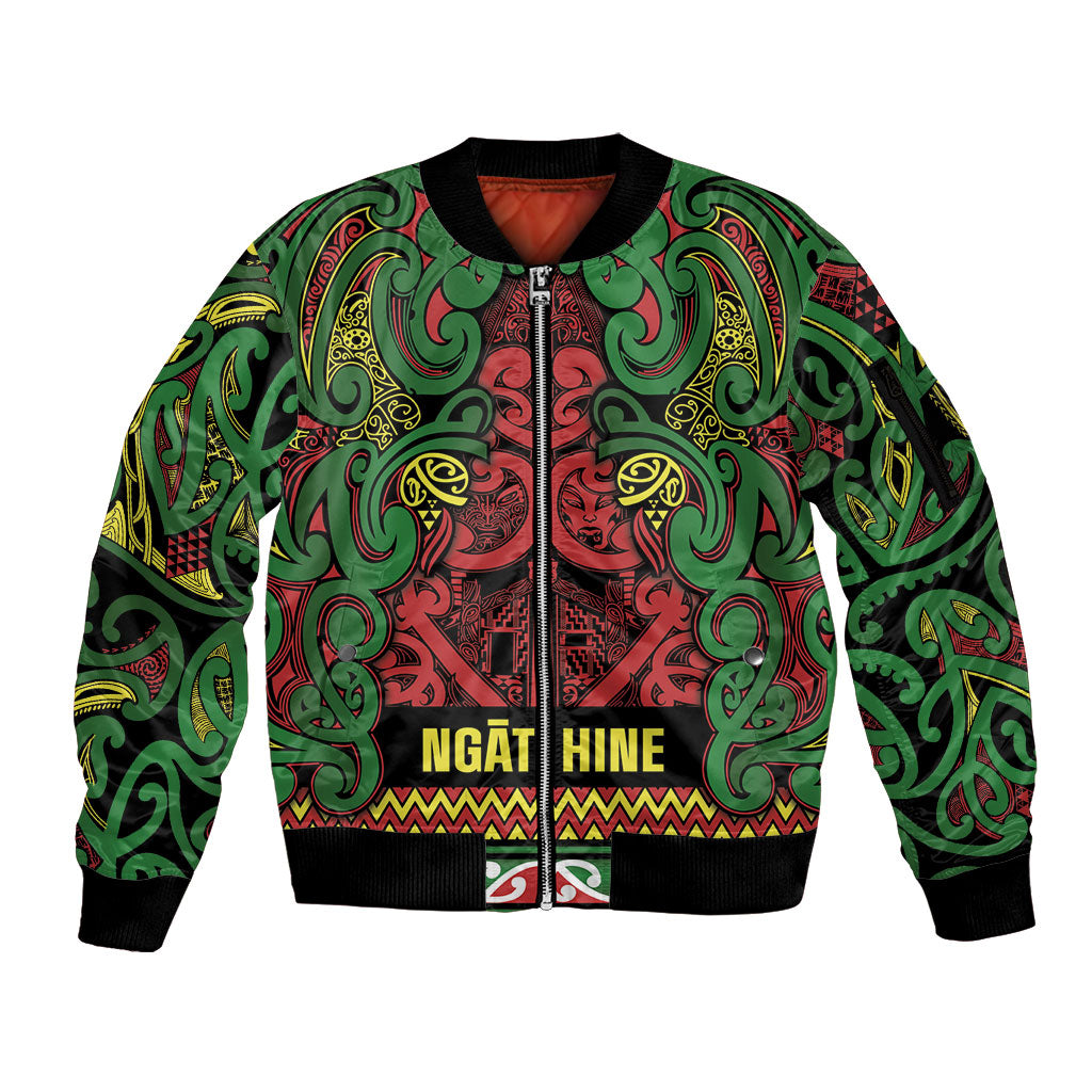 Aotearoa Iwi Ngati Hine Sleeve Zip Bomber Jacket Maori Wharenui House Tribal Pattern LT9 Unisex Deep Green - Polynesian Pride