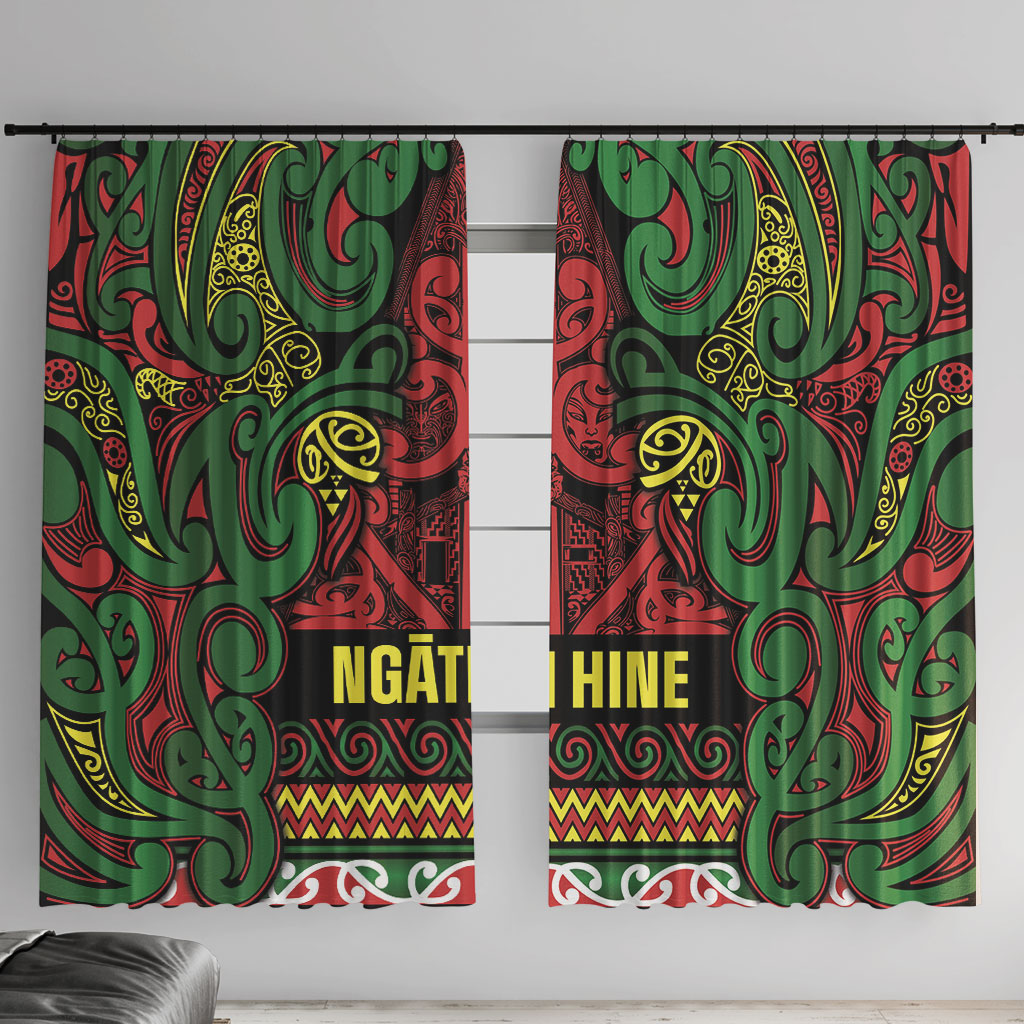 Aotearoa Iwi Ngati Hine Window Curtain Maori Wharenui House Tribal Pattern LT9 With Hooks Deep Green - Polynesian Pride
