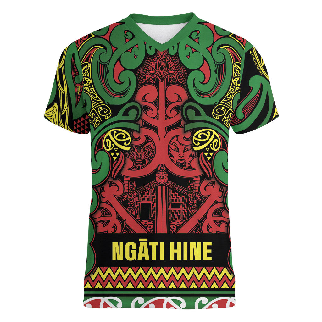 Aotearoa Iwi Ngati Hine Women V-Neck T-Shirt Maori Wharenui House Tribal Pattern LT9 Female Deep Green - Polynesian Pride