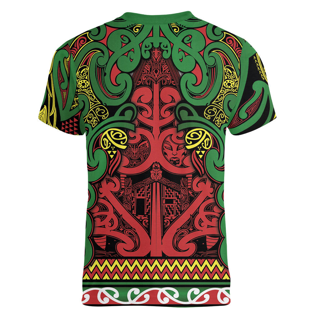 Aotearoa Iwi Ngati Hine Women V-Neck T-Shirt Maori Wharenui House Tribal Pattern LT9 - Polynesian Pride