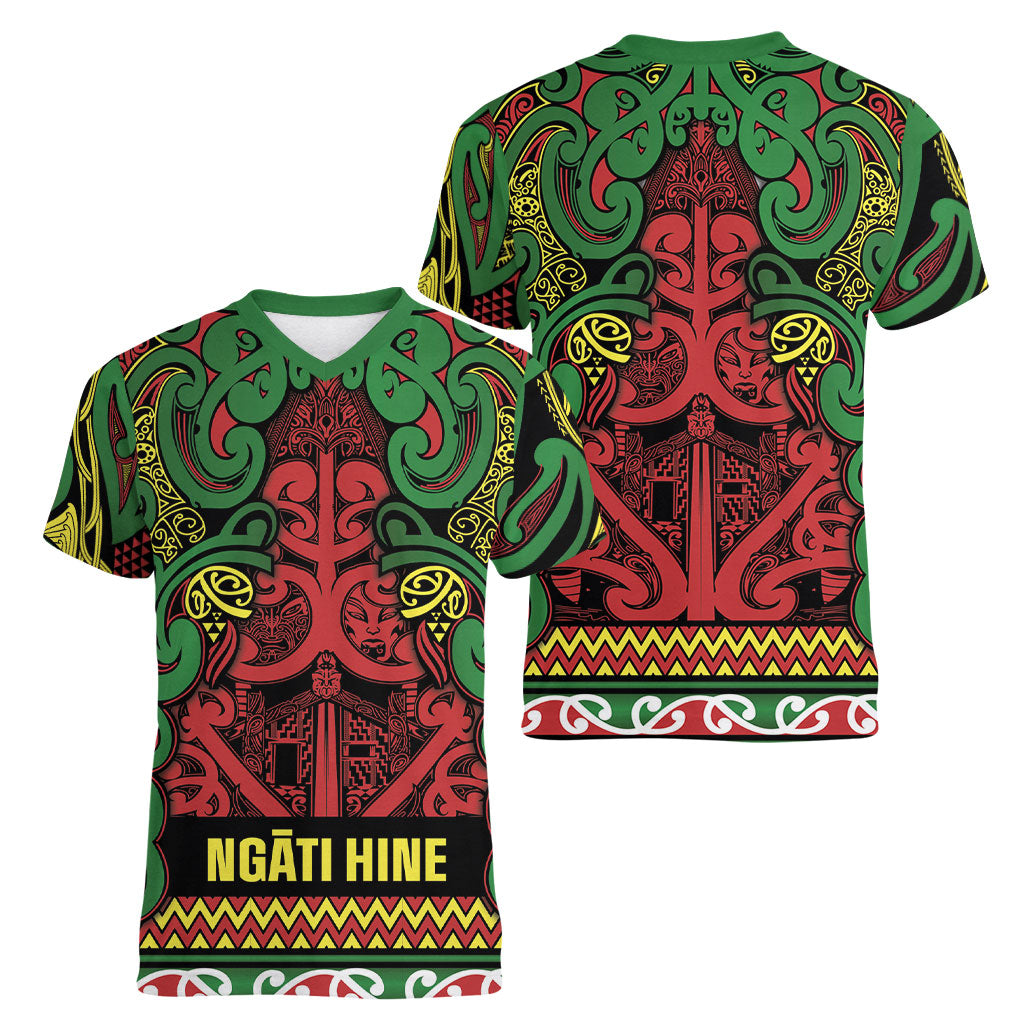Aotearoa Iwi Ngati Hine Women V-Neck T-Shirt Maori Wharenui House Tribal Pattern LT9 - Polynesian Pride