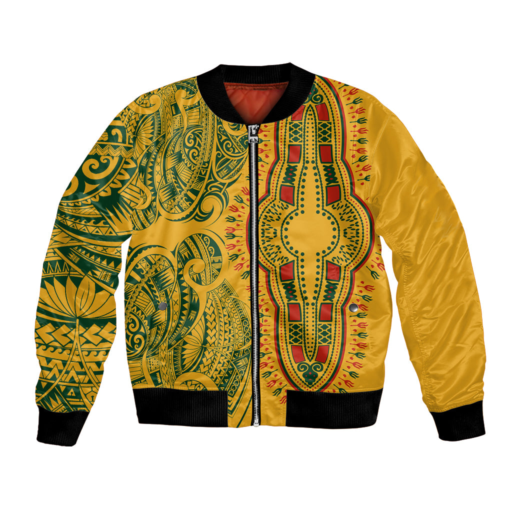 Africa Dashiki Bomber Jacket African Tribal Art Mixed Polynesian Tattoo Gold Color Unique LT9 Unisex Gold - Polynesian Pride