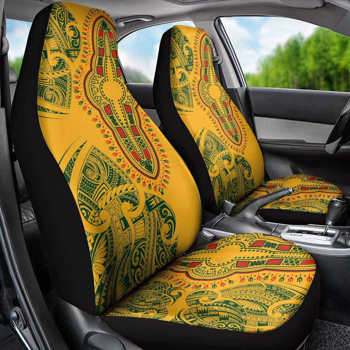 Africa Dashiki Car Seat Cover African Tribal Art Mixed Polynesian Tattoo Gold Color Unique LT9 - Polynesian Pride