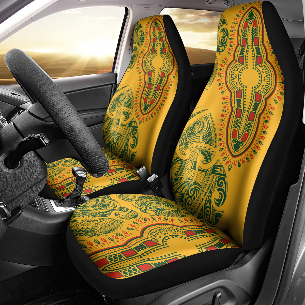 Africa Dashiki Car Seat Cover African Tribal Art Mixed Polynesian Tattoo Gold Color Unique LT9 - Polynesian Pride