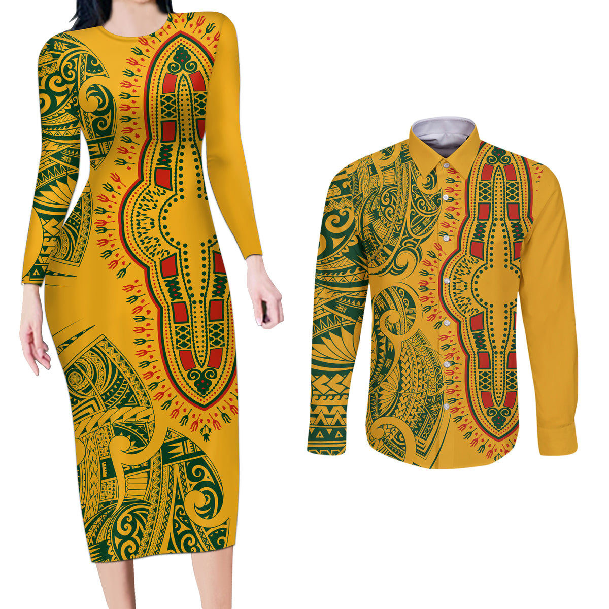 Africa Dashiki Couples Matching Long Sleeve Bodycon Dress and Long Sleeve Button Shirts African Tribal Art Mixed Polynesian Tattoo Gold Color Unique LT9 Gold - Polynesian Pride