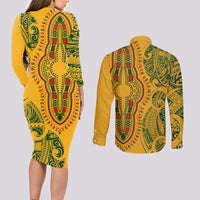 Africa Dashiki Couples Matching Long Sleeve Bodycon Dress and Long Sleeve Button Shirts African Tribal Art Mixed Polynesian Tattoo Gold Color Unique LT9 - Polynesian Pride