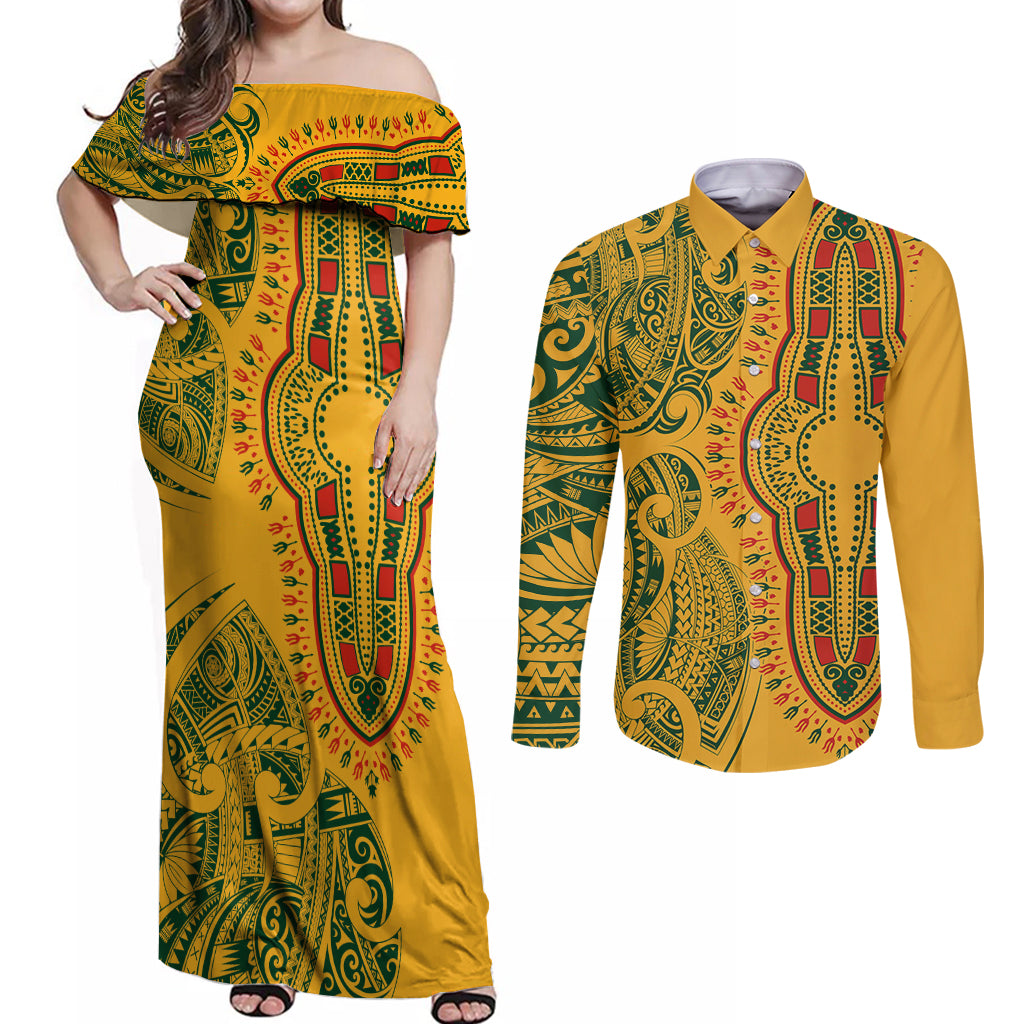 Africa Dashiki Couples Matching Off Shoulder Maxi Dress and Long Sleeve Button Shirts African Tribal Art Mixed Polynesian Tattoo Gold Color Unique LT9 Gold - Polynesian Pride
